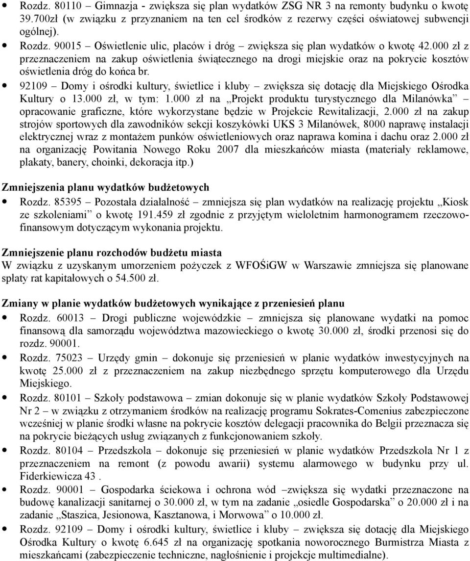 000 zł z przeznaczeniem na zakup oświetlenia świątecznego na drogi miejskie oraz na pokrycie kosztów oświetlenia dróg do końca br.