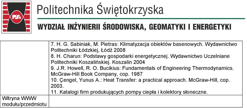 Wydawnictwo Uczelniane Politechniki Koszalińskiej. Koszalin 2004 9. J.R. Howell, R. O.