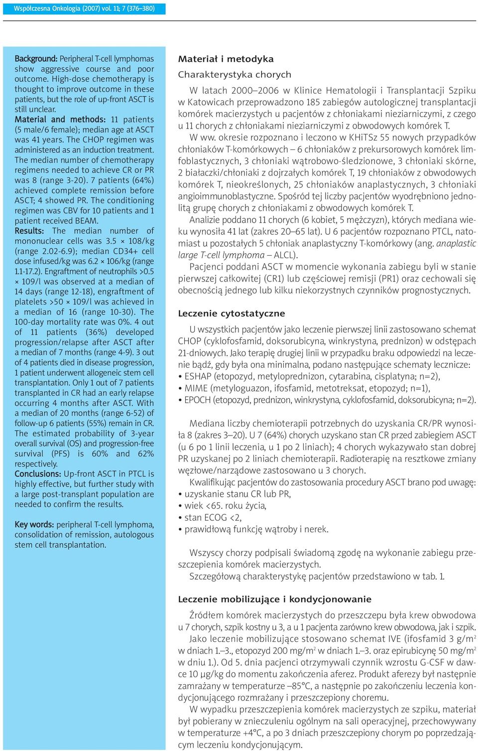 Material and methods: 11 patients (5 male/6 female); median age at ASCT was 41 years. The CHOP regimen was administered as an induction treatment.