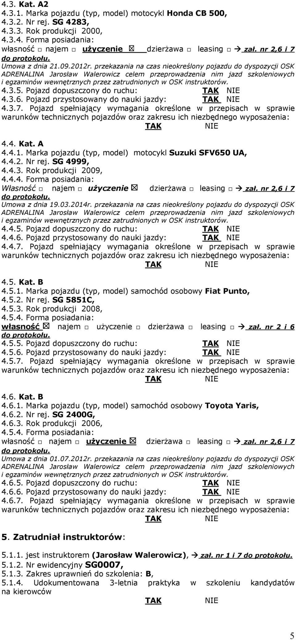 4. Kat. A 4.4.1. Marka pojazdu (typ, model) motocykl Suzuki SFV650 UA, 4.4.2. Nr rej. SG 4999, 4.4.3. Rok produkcji 2009, 4.4.4. Forma posiadania: Własność najem użyczenie dzierżawa leasing zał.