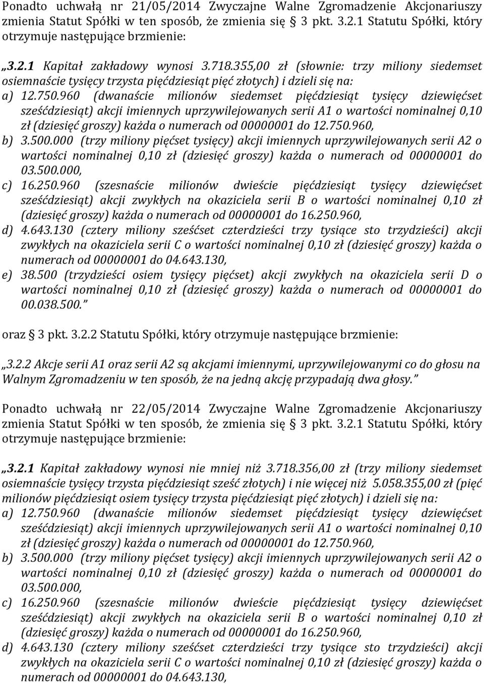 960 (dwanaście milionów siedemset pięćdziesiąt tysięcy dziewięćset sześćdziesiąt) akcji imiennych uprzywilejowanych serii A1 o wartości nominalnej 0,10 zł (dziesięć groszy) każda o numerach od