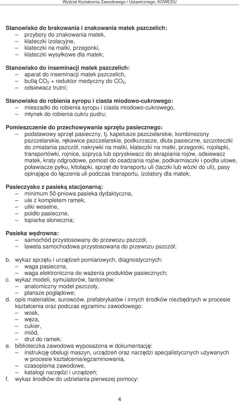 syropu i ciasta miodowo-cukrowego, młynek do robienia cukru pudru; Pomieszczenie do przechowywania sprztu pasiecznego: podstawowy sprzt pasieczny, tj.