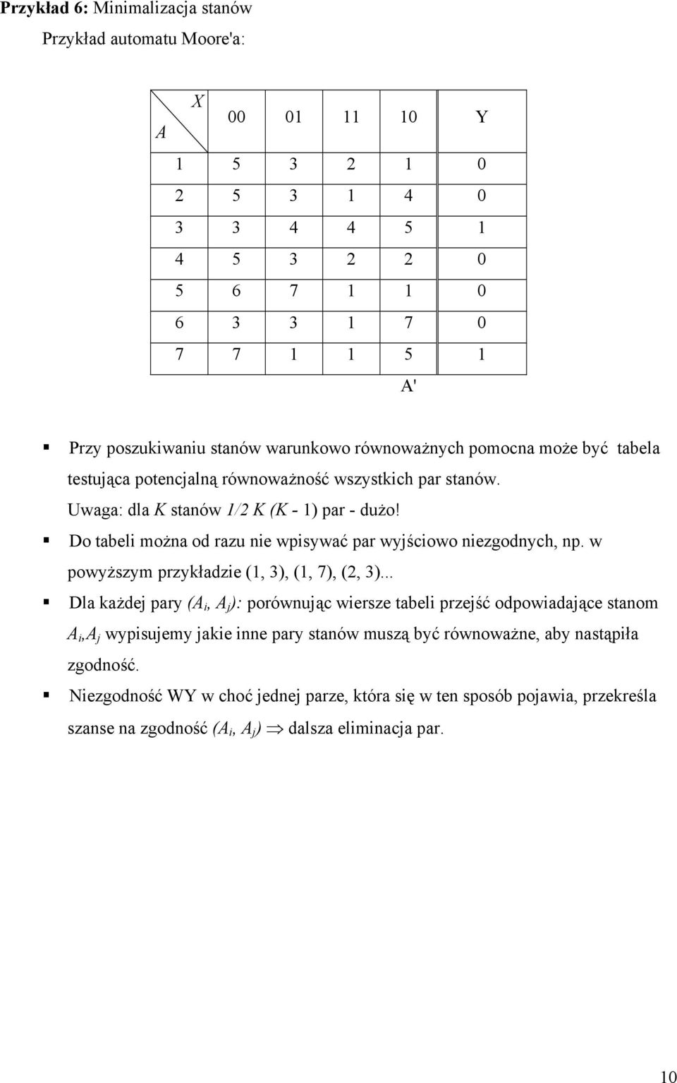 Do tabeli można od razu nie wpisywać par wyjściowo niezgodnych, np. w powyższym przykładzie (1, 3), (1, 7), (2, 3).