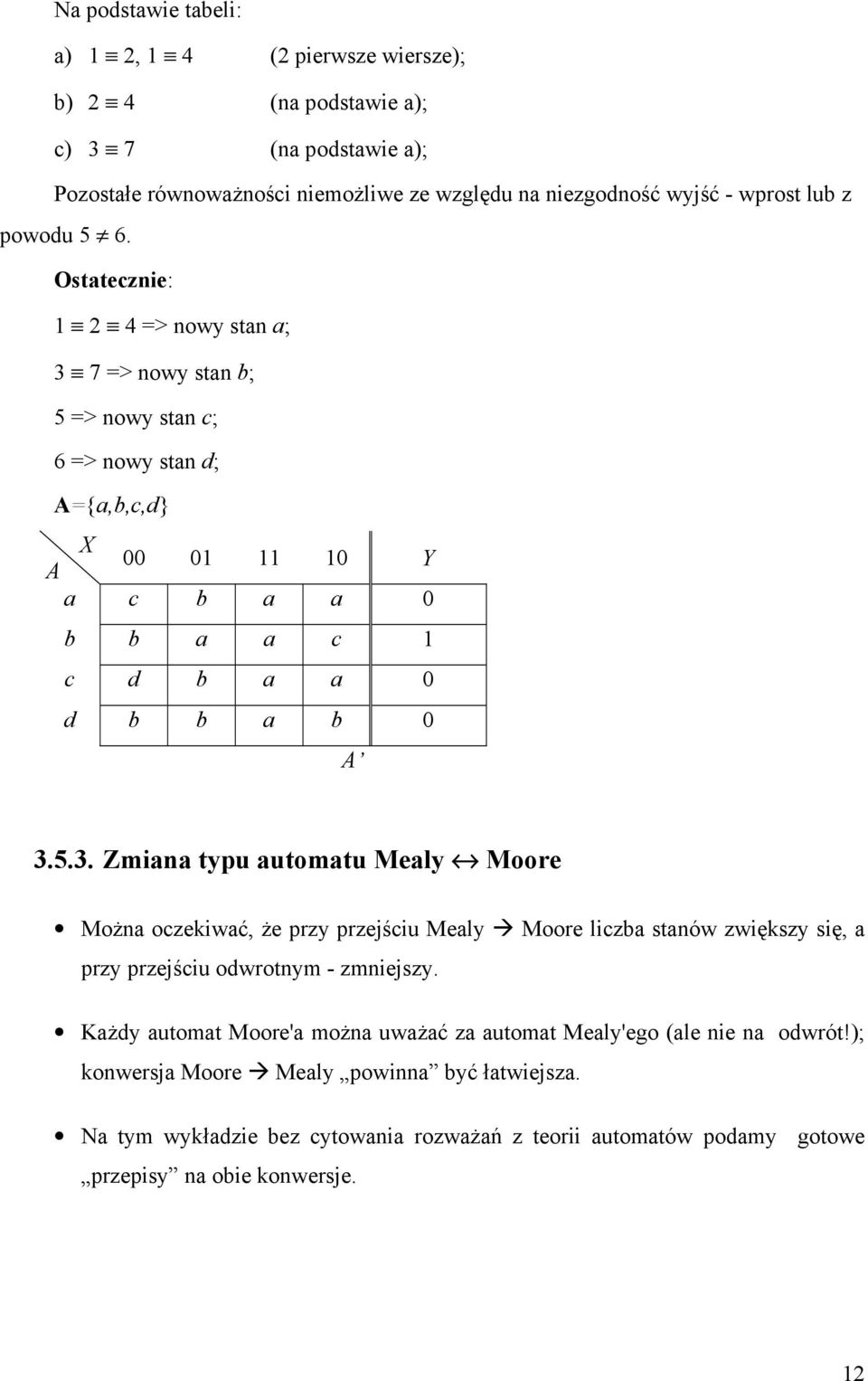 7 => nowy stan b; 5 => nowy stan c; 6 => nowy stan d; ={a,b,c,d} 00 01 11 10 Y a c b a a 0 b b a a c 1 c d b a a 0 d b b a b 0 3.