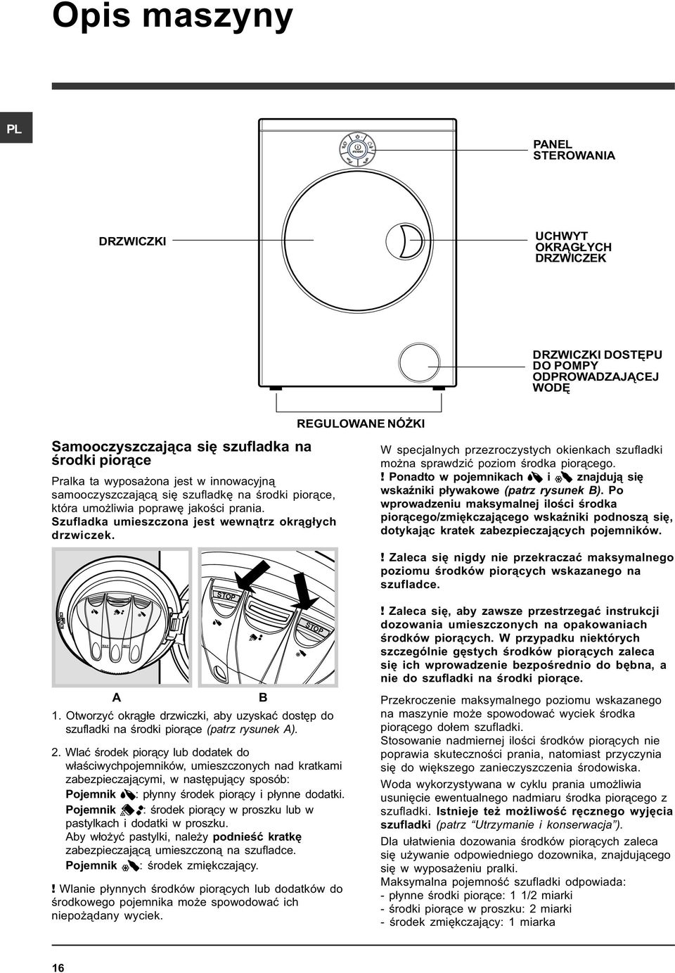 Otworzyæ okr¹g³e drzwiczki, aby uzyskaæ dostêp do szufladki na œrodki pior¹ce (patrz rysunek A). 2.