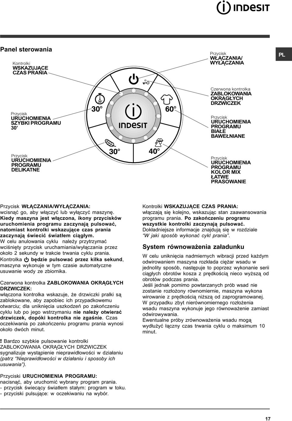 Kiedy maszyna jest w³¹czona, ikony przycisków uruchomienia programu zaczynaj¹ pulsowaæ, natomiast kontrolki wskazuj¹ce czas prania zaczynaj¹ œwieciæ œwiat³em ci¹g³ym.