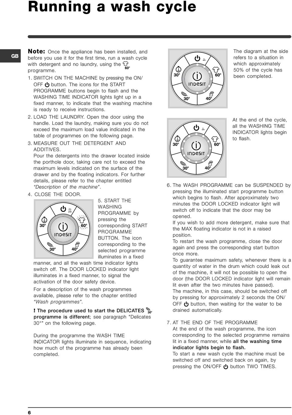 The icons for the START PROGRAMME buttons begin to flash and the WASHING TIME INDICATOR lights light up in a fixed manner, to indicate that the washing machine is ready to receive instructions. 2.