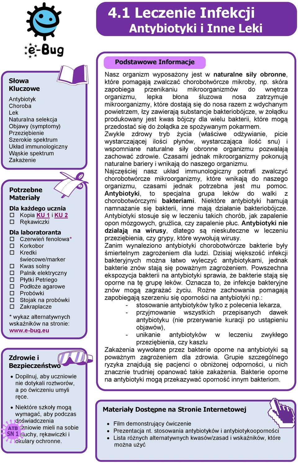 probówki Zakraplacze * wykaz alternatywnych wskaźników na stronie: www.e-bug.eu Zdrowie i Bezpieczeństwo Dopilnuj, aby uczniowie nie dotykali roztworów, a po ćwiczeniu umyli ręce.