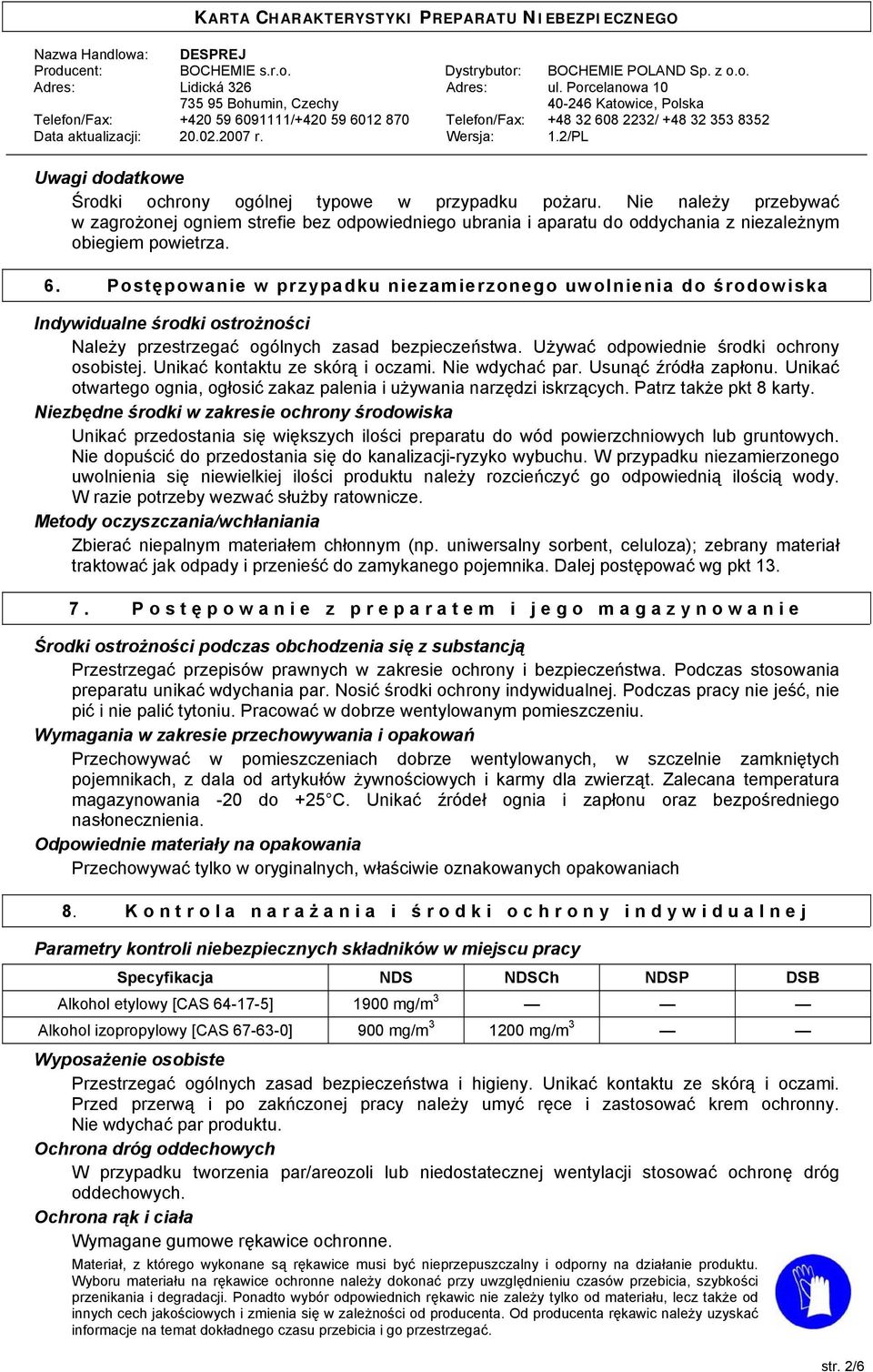 Unikać kontaktu ze skórą i oczami. Nie wdychać par. Usunąć źródła zapłonu. Unikać otwartego ognia, ogłosić zakaz palenia i używania narzędzi iskrzących. Patrz także pkt 8 karty.
