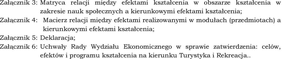 (przedmiotach) a kierunkowymi efektami kształcenia; Załącznik 5: Deklaracja; Załącznik 6: Uchwały Rady