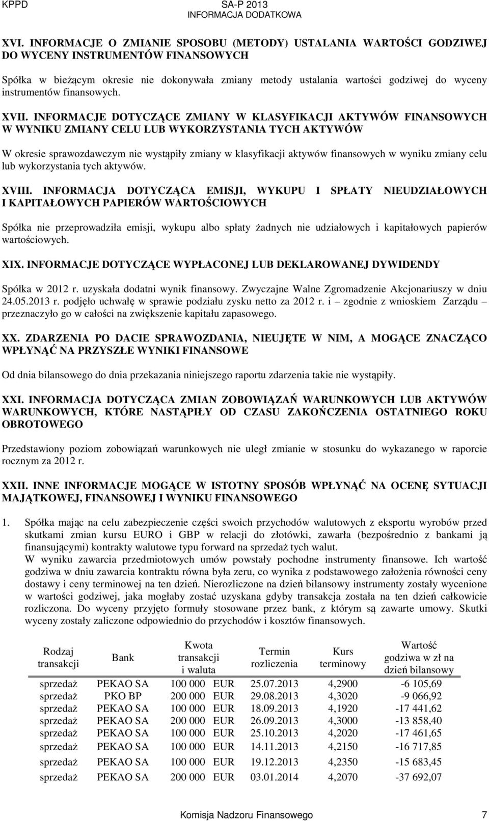 INFORMACJE DOTYCZĄCE ZMIANY W KLASYFIKACJI AKTYWÓW FINANSOWYCH W WYNIKU ZMIANY CELU LUB WYKORZYSTANIA TYCH AKTYWÓW W okresie sprawozdawczym nie wystąpiły zmiany w klasyfikacji aktywów finansowych w