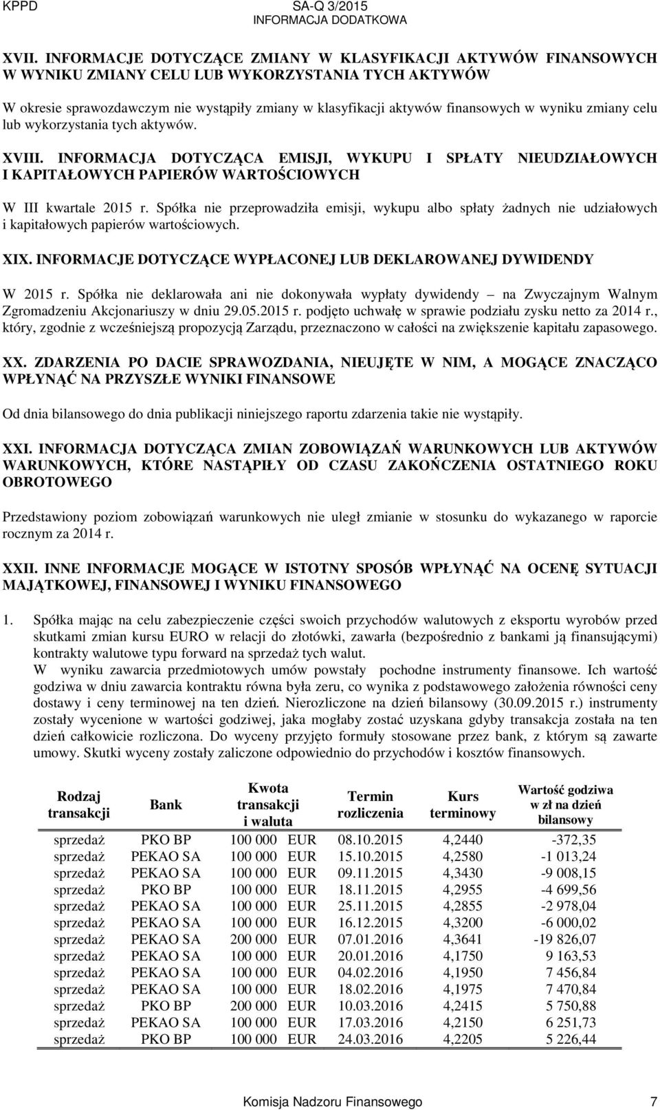 Spółka nie przeprowadziła emisji, wykupu albo spłaty żadnych nie udziałowych i kapitałowych papierów wartościowych. XIX. INFORMACJE DOTYCZĄCE WYPŁACONEJ LUB DEKLAROWANEJ DYWIDENDY W r.
