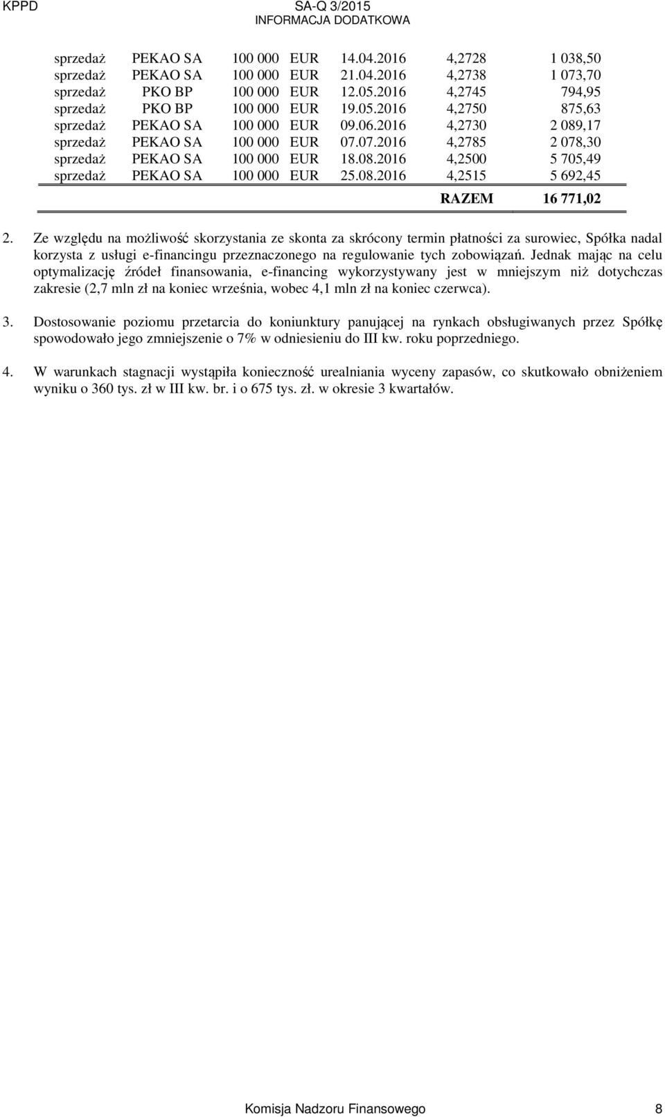 Ze względu na możliwość skorzystania ze skonta za skrócony termin płatności za surowiec, Spółka nadal korzysta z usługi e-financingu przeznaczonego na regulowanie tych zobowiązań.