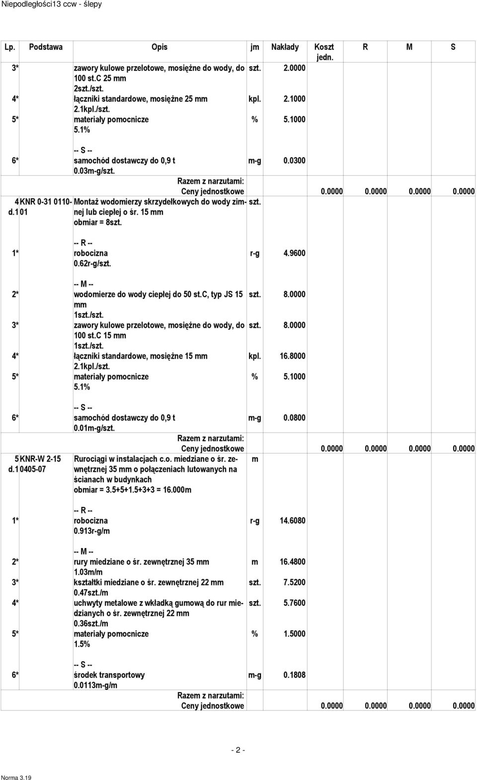 62r-g/szt. 2* wodoierze do wody ciepłej do 50 st.c, typ JS 15 szt. 8.0000 1szt./szt. 3* zawory kulowe przelotowe, osiężne do wody, do szt. 8.0000 100 st.c 15 1szt./szt. 4* łączniki standardowe, osiężne 15 kpl.