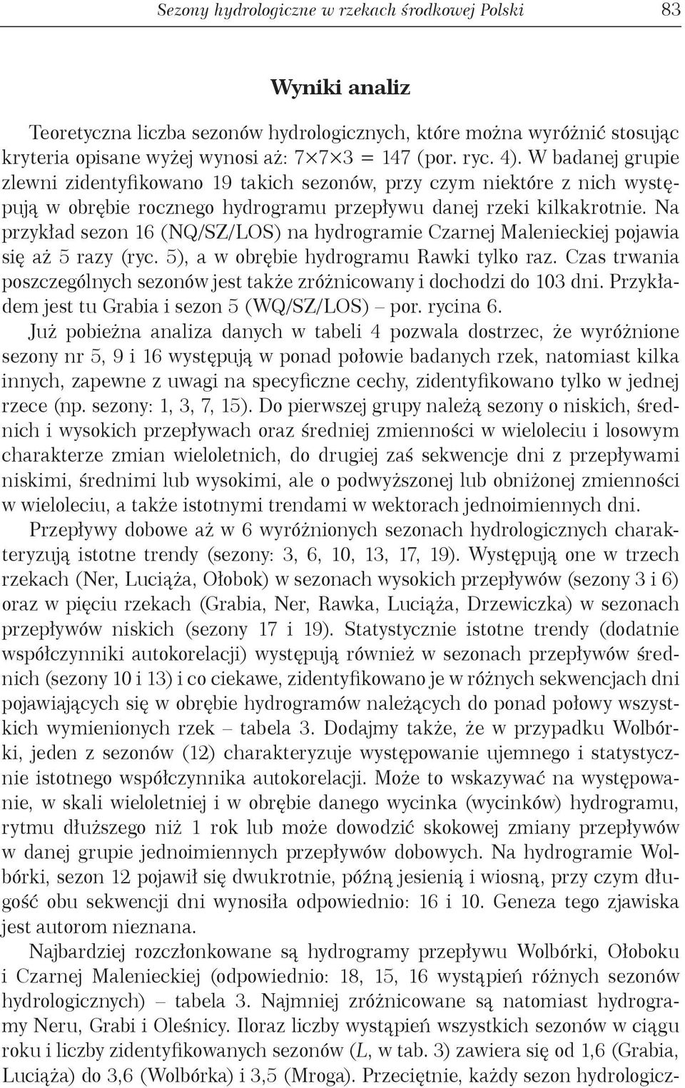 Na przykład sezon 6 (NQ/SZ/LOS) na hydrogramie Czarnej Malenieckiej pojawia się aż 5 razy (ryc. 5), a w obrębie hydrogramu Rawki tylko raz.
