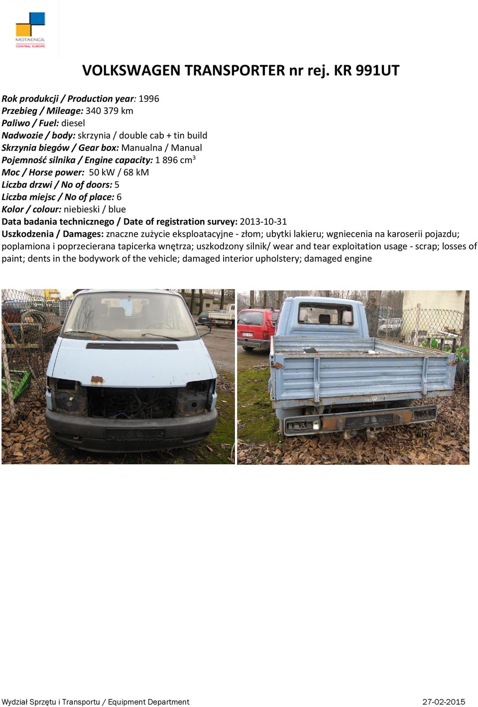 cm 3 Moc / Horse power: 50 kw / 68 km Liczba miejsc / No of place: 6 Kolor / colour: niebieski / blue Data badania technicznego / Date of registration survey: 2013-10-31
