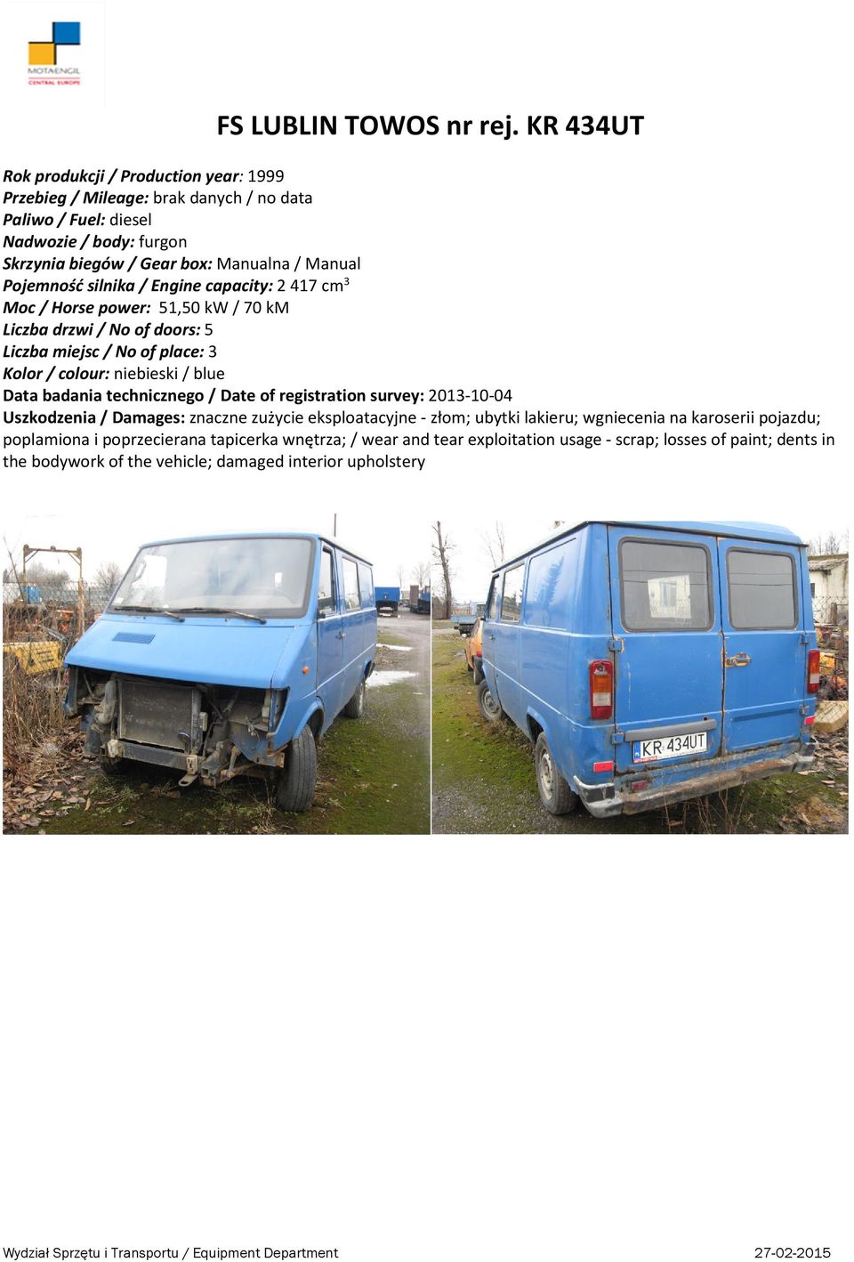3 Moc / Horse power: 51,50 kw / 70 km Liczba miejsc / No of place: 3 Kolor / colour: niebieski / blue Data badania technicznego / Date of registration survey: