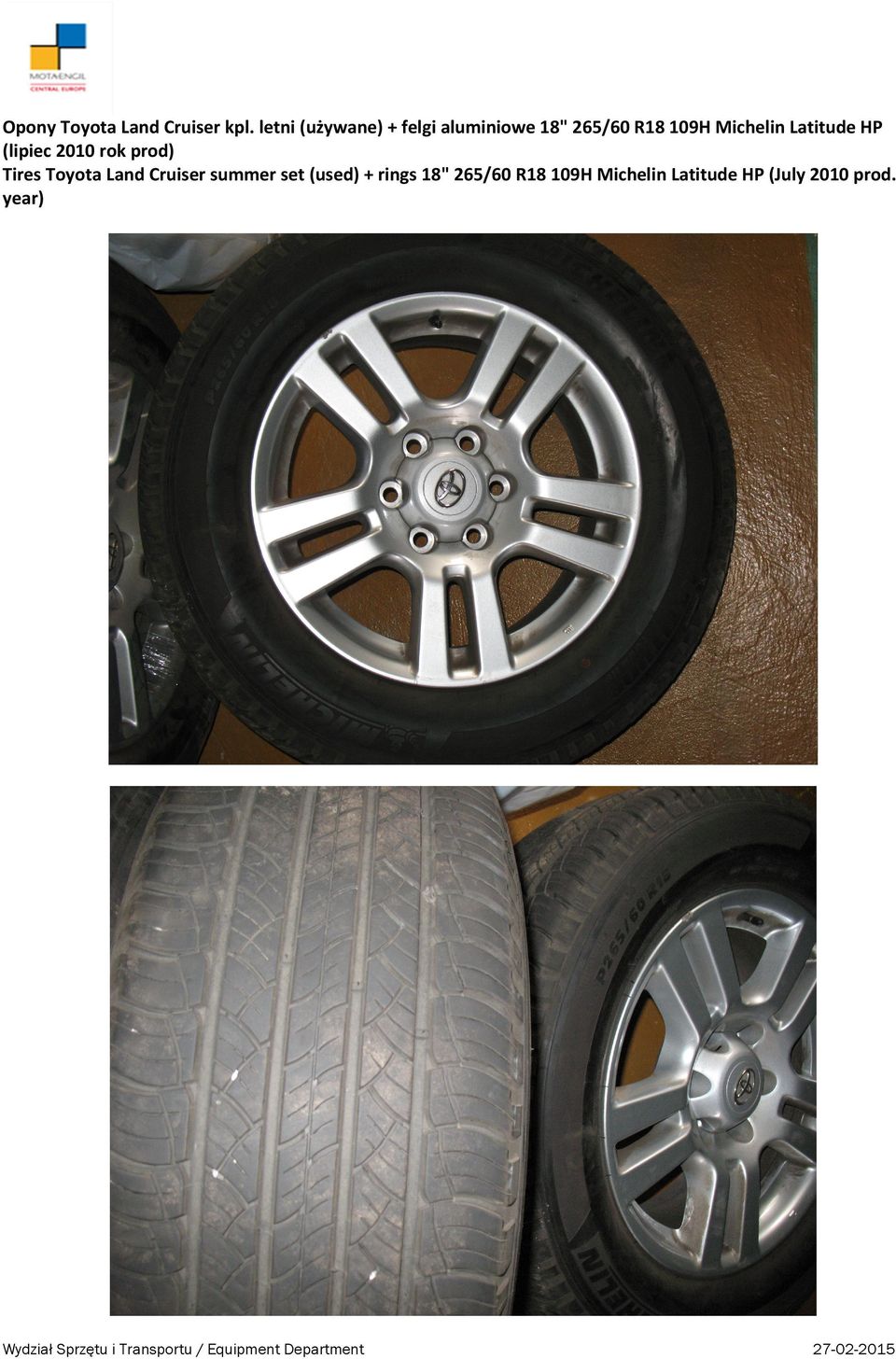 (lipiec 2010 rok prod) Tires Toyota Land Cruiser summer set (used) + rings