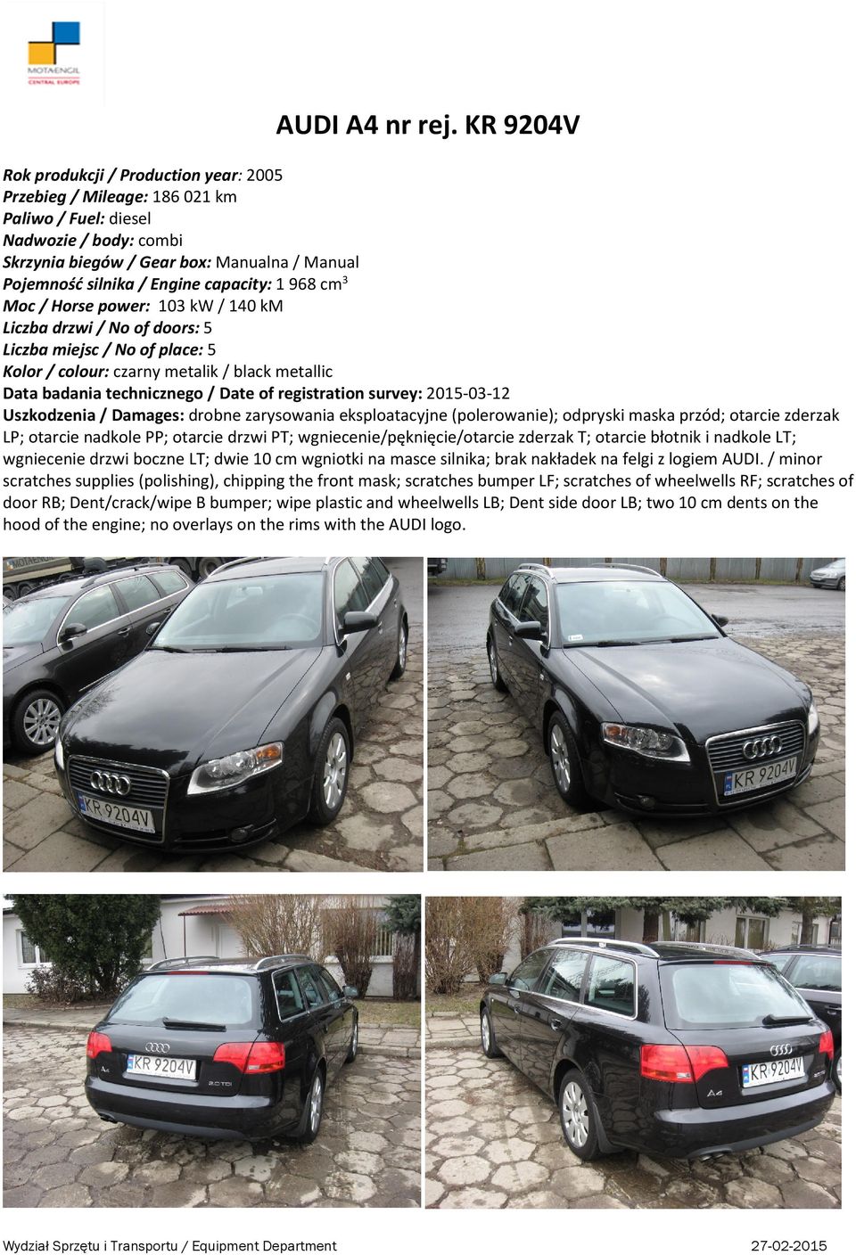 No of place: 5 Kolor / colour: czarny metalik / black metallic Data badania technicznego / Date of registration survey: 2015-03-12 Uszkodzenia / Damages: drobne zarysowania eksploatacyjne