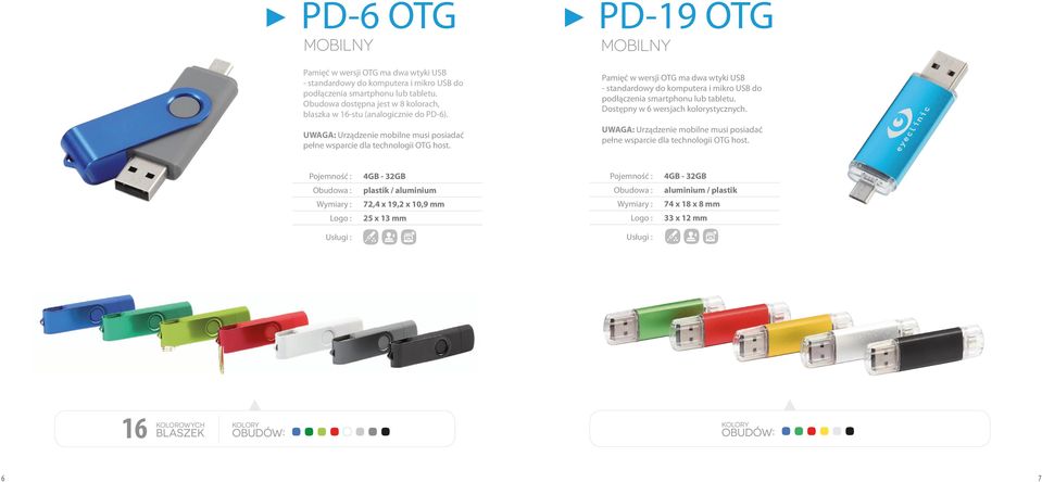 Pamięć w wersji OTG ma dwa wtyki USB - standardowy do komputera i mikro USB do podłączenia smartphonu lub tabletu. Dostępny w 6 wersjach kolorystycznych.