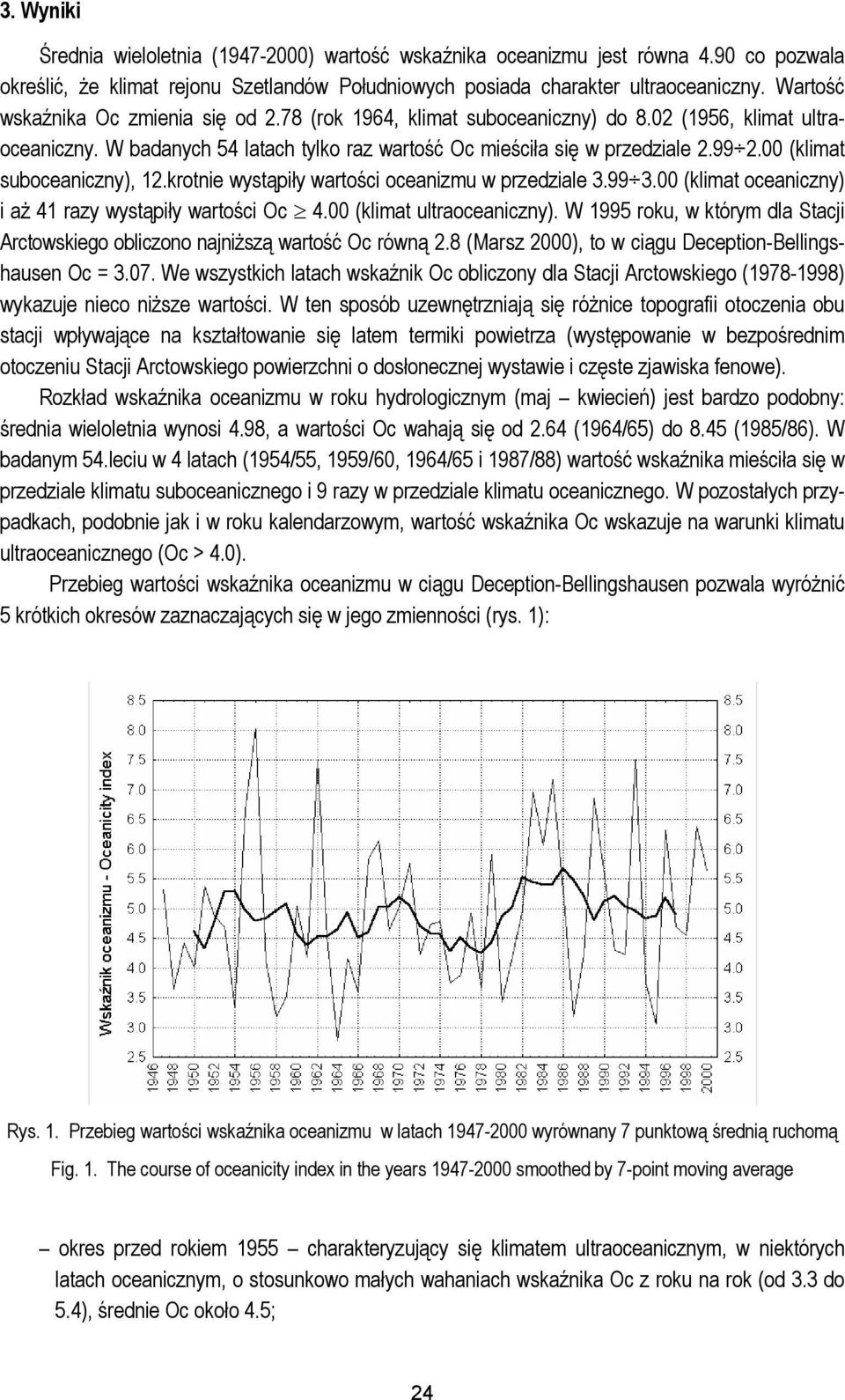 00 (klimat suboceaniczny), 12.krotnie wystąpiły wartości oceanizmu w przedziale 3.99 3.00 (klimat oceaniczny) i aż 41 razy wystąpiły wartości Oc 4.00 (klimat ultraoceaniczny).
