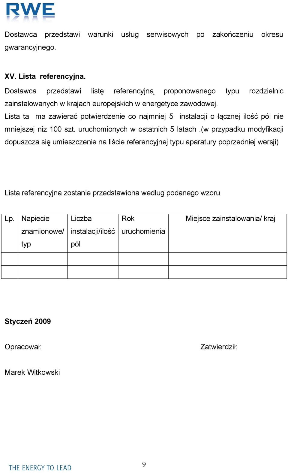 Lista ta ma zawierać potwierdzenie co najmniej 5 instalacji o łącznej ilość pól nie mniejszej niż 100 szt. uruchomionych w ostatnich 5 latach.