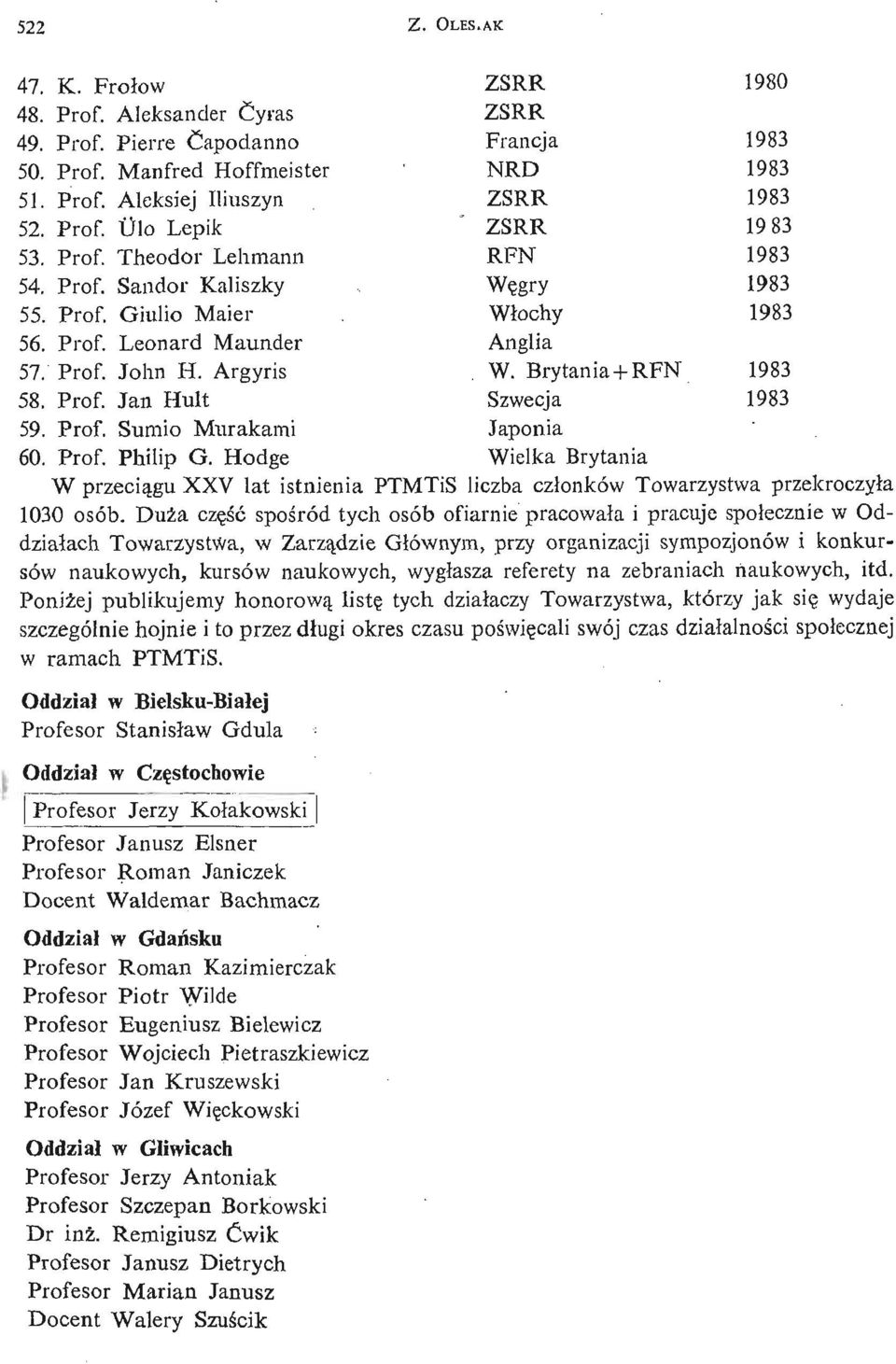 Prof. Sumio Murakami Japonia 60. Prof. Philip G. Hodge Wielka Brytania W przecią gu XXV lat istnienia PTMTiS liczba czł onków Towarzystwa przekroczył a 1030 osób.