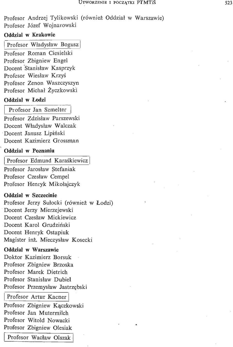 Władysław Walczak Docent Janusz Lipiń ski Docent Kazimierz G rossman Oddział w Poznaniu Profesor Edmund Karaś kiewicz Profesor Jarosł aw Stefaniak Profesor Czesław Cempel Profesor Henryk Mikołajczyk