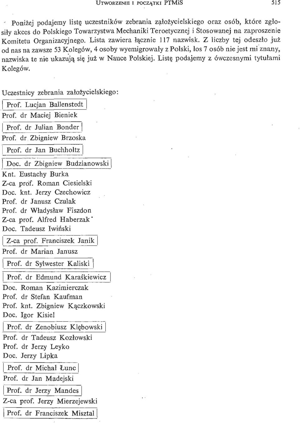 Z liczby tej odeszł o już od nas na zawsze 53 Kolegów, 4 osoby wyemigrowały z Polski, los 7 osób nie jest mi znany, nazwiska te nie ukazują się już w N auce Polskiej.