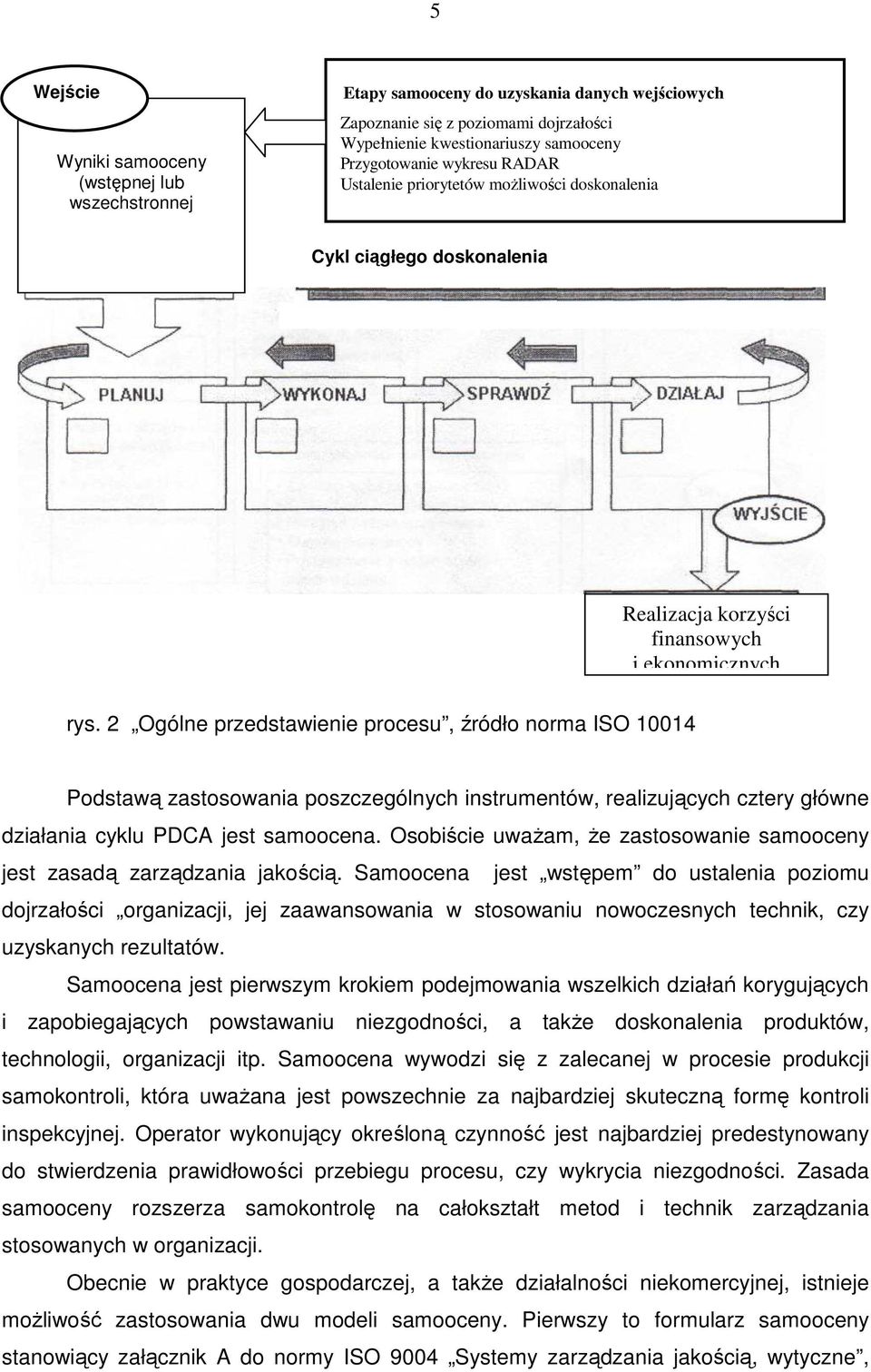 2 Ogólne przedstawienie procesu, źródło norma ISO 10014 Podstawą zastosowania poszczególnych instrumentów, realizujących cztery główne działania cyklu PDCA jest samoocena.