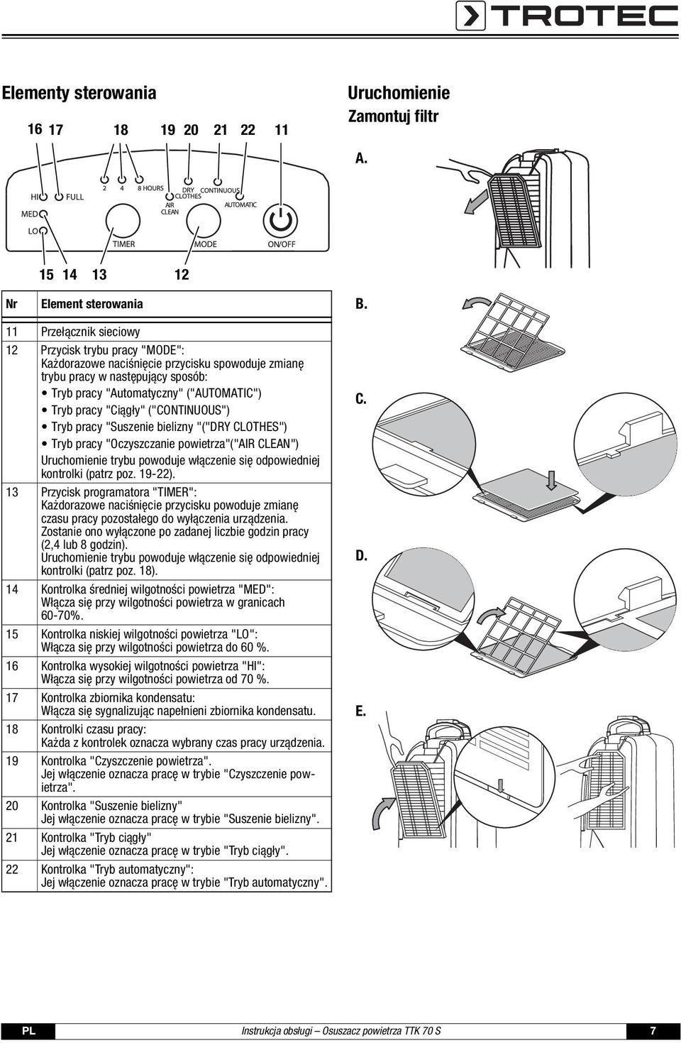"Ciągły" ("CONTINUOUS") Tryb pracy "Suszenie bielizny "("DRY CLOTHES") Tryb pracy "Oczyszczanie powietrza"("air CLEAN") Uruchomienie trybu powoduje włączenie się odpowiedniej kontrolki (patrz poz.