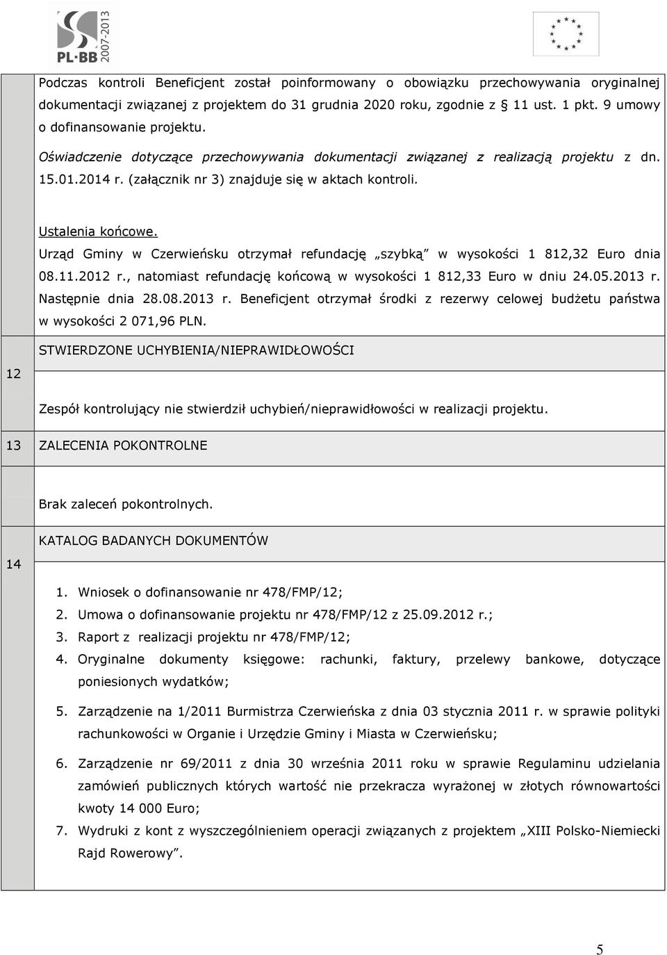 Ustalenia końcowe. Urząd Gminy w Czerwieńsku otrzymał refundację szybką w wysokości 1 812,32 Euro dnia 08.11.2012 r., natomiast refundację końcową w wysokości 1 812,33 Euro w dniu 24.05.2013 r.