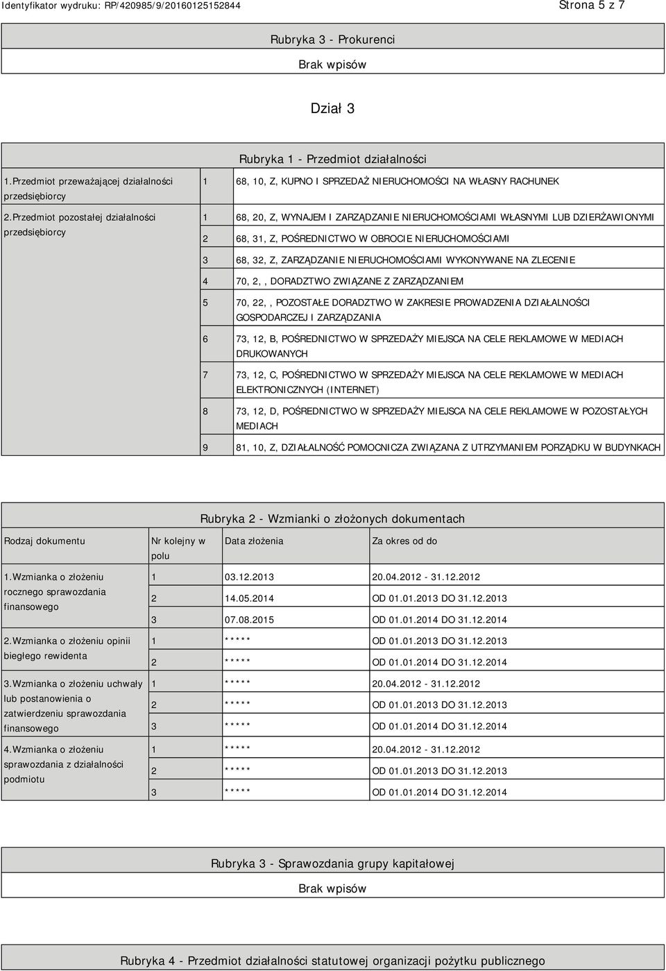 POŚREDNICTWO W OBROCIE RUCHOMOŚCIAMI 3 68, 32, Z, ZARZĄDZA RUCHOMOŚCIAMI WYKONYWANE NA ZLECE 4 70, 2,, DORADZTWO ZWIĄZANE Z ZARZĄDZAM 5 70, 22,, POZOSTAŁE DORADZTWO W ZAKRESIE PROWADZENIA