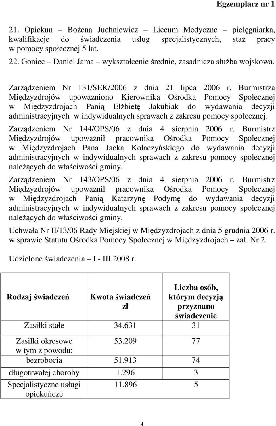 Burmistrza Międzyzdrojów upowaŝniono Kierownika Ośrodka Pomocy Społecznej w Międzyzdrojach Panią ElŜbietę Jakubiak do wydawania decyzji administracyjnych w indywidualnych sprawach z zakresu pomocy