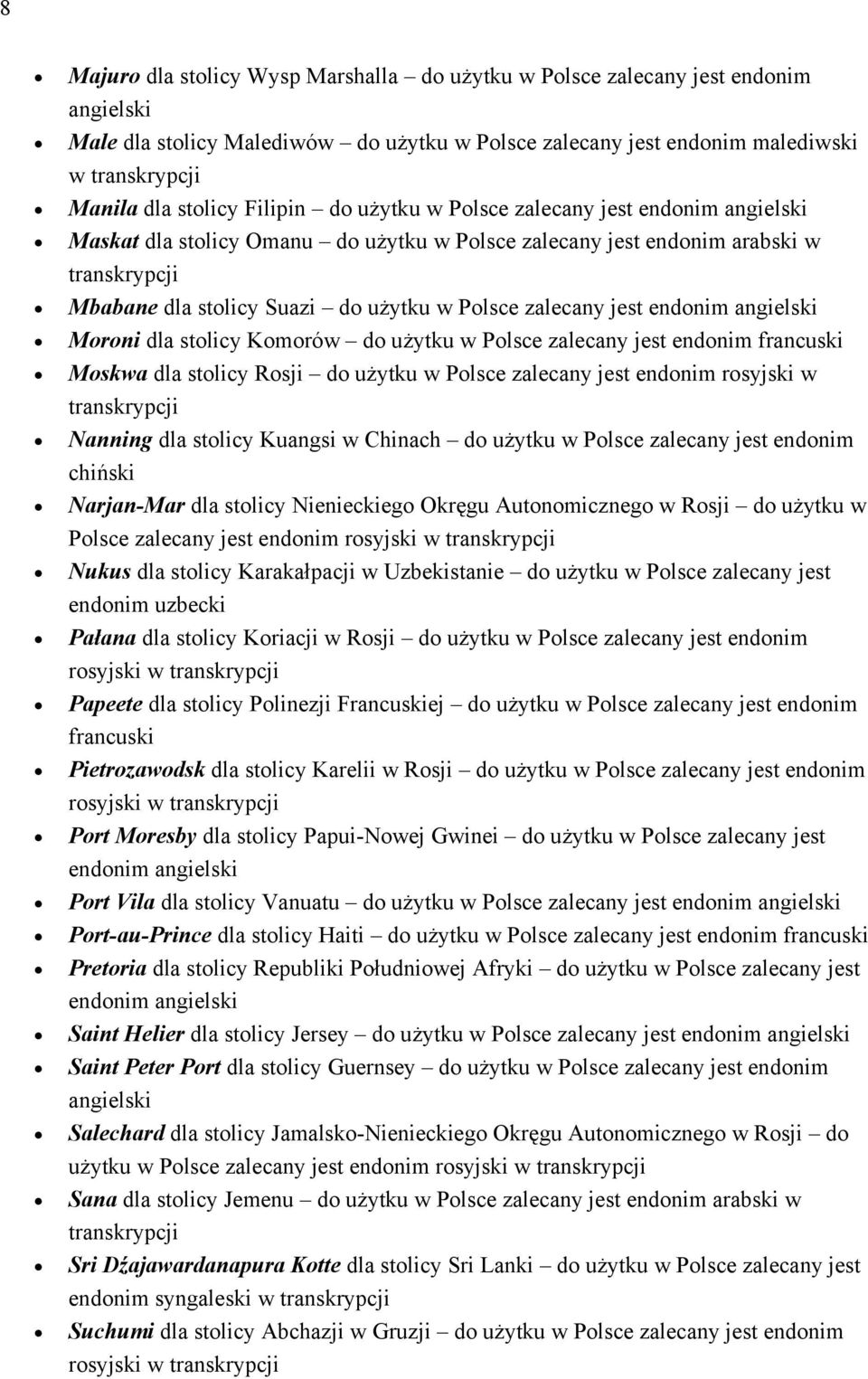 angielski Moroni dla stolicy Komorów do użytku w Polsce zalecany jest endonim francuski Moskwa dla stolicy Rosji do użytku w Polsce zalecany jest endonim rosyjski w Nanning dla stolicy Kuangsi w