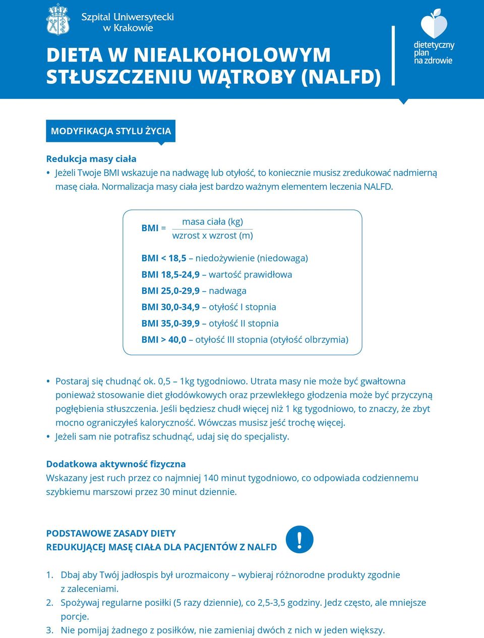 BMI = masa ciała (kg) wzrost x wzrost (m) BMI < 18,5 niedożywienie (niedowaga) BMI 18,5-24,9 wartość prawidłowa BMI 25,0-29,9 nadwaga BMI 30,0-34,9 otyłość I stopnia BMI 35,0-39,9 otyłość II stopnia