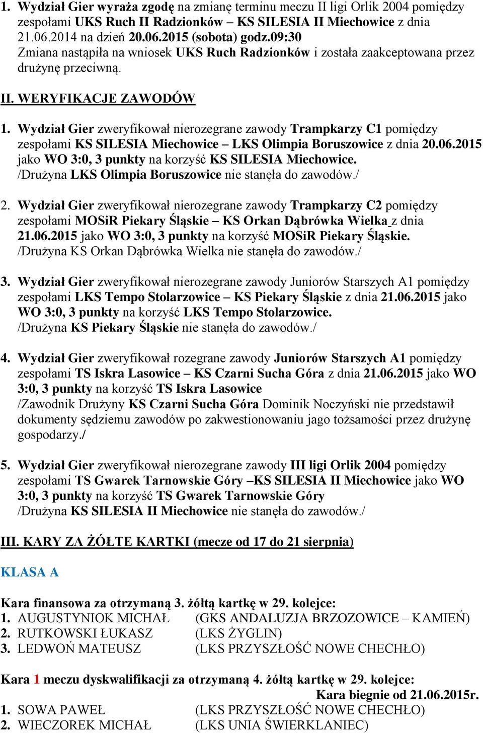 Wydział Gier zweryfikował nierozegrane zawody Trampkarzy C1 pomiędzy zespołami KS SILESIA Miechowice LKS Olimpia Boruszowice z dnia 20.06.2015 jako WO 3:0, 3 punkty na korzyść KS SILESIA Miechowice.