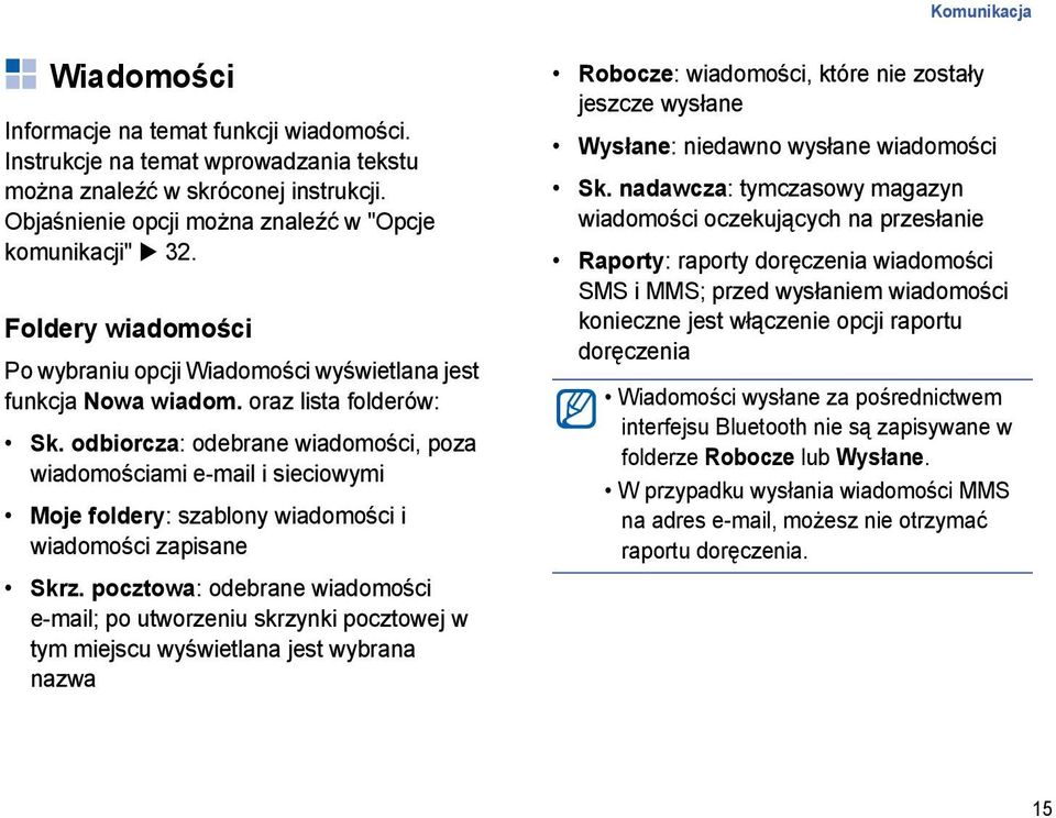 odbiorcza: odebrane wiadomości, poza wiadomościami e-mail i sieciowymi Moje foldery: szablony wiadomości i wiadomości zapisane Skrz.