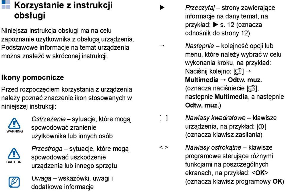 innych osób Przestroga sytuacje, które mogą spowodować uszkodzenie urządzenia lub innego sprzętu Uwaga wskazówki, uwagi i dodatkowe informacje Przeczytaj strony zawierające informacje na dany temat,