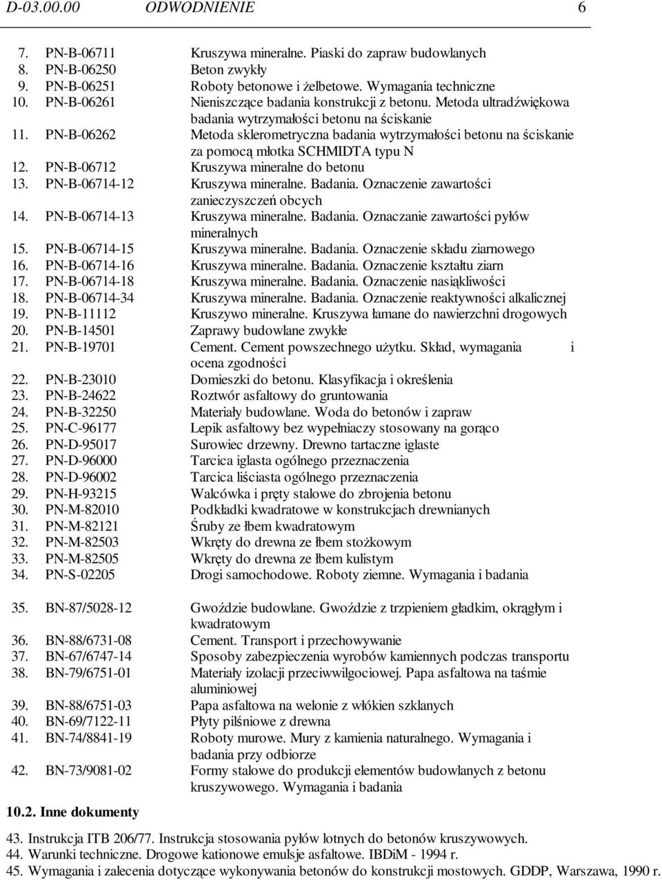 PN-B-06262 Metoda sklerometryczna badania wytrzymałości betonu na ściskanie za pomocą młotka SCHMIDTA typu N 12. PN-B-06712 Kruszywa mineralne do betonu 13. PN-B-06714-12 Kruszywa mineralne. Badania.
