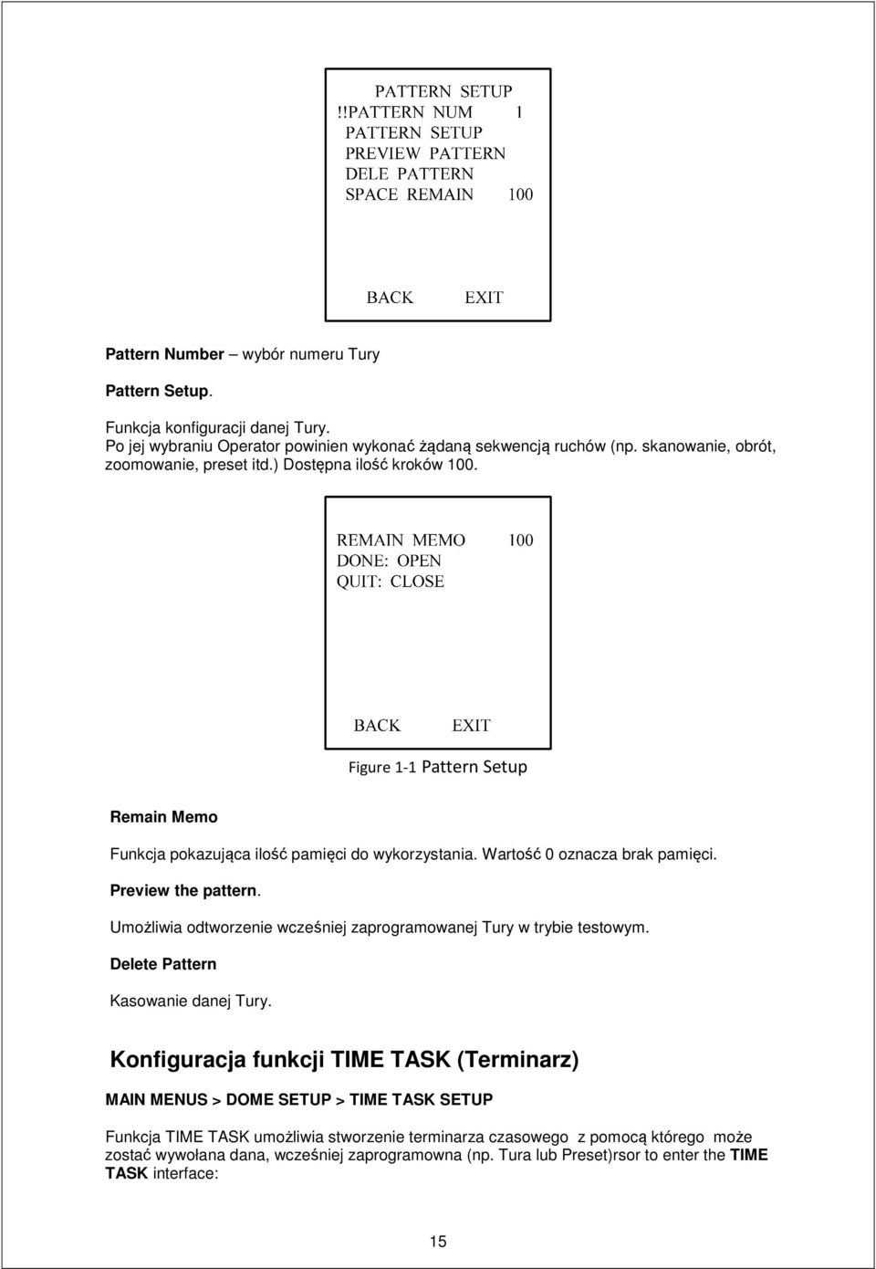 Wartość 0 oznacza brak pamięci. Preview the pattern. Umożliwia odtworzenie wcześniej zaprogramowanej Tury w trybie testowym. Delete Pattern Kasowanie danej Tury.