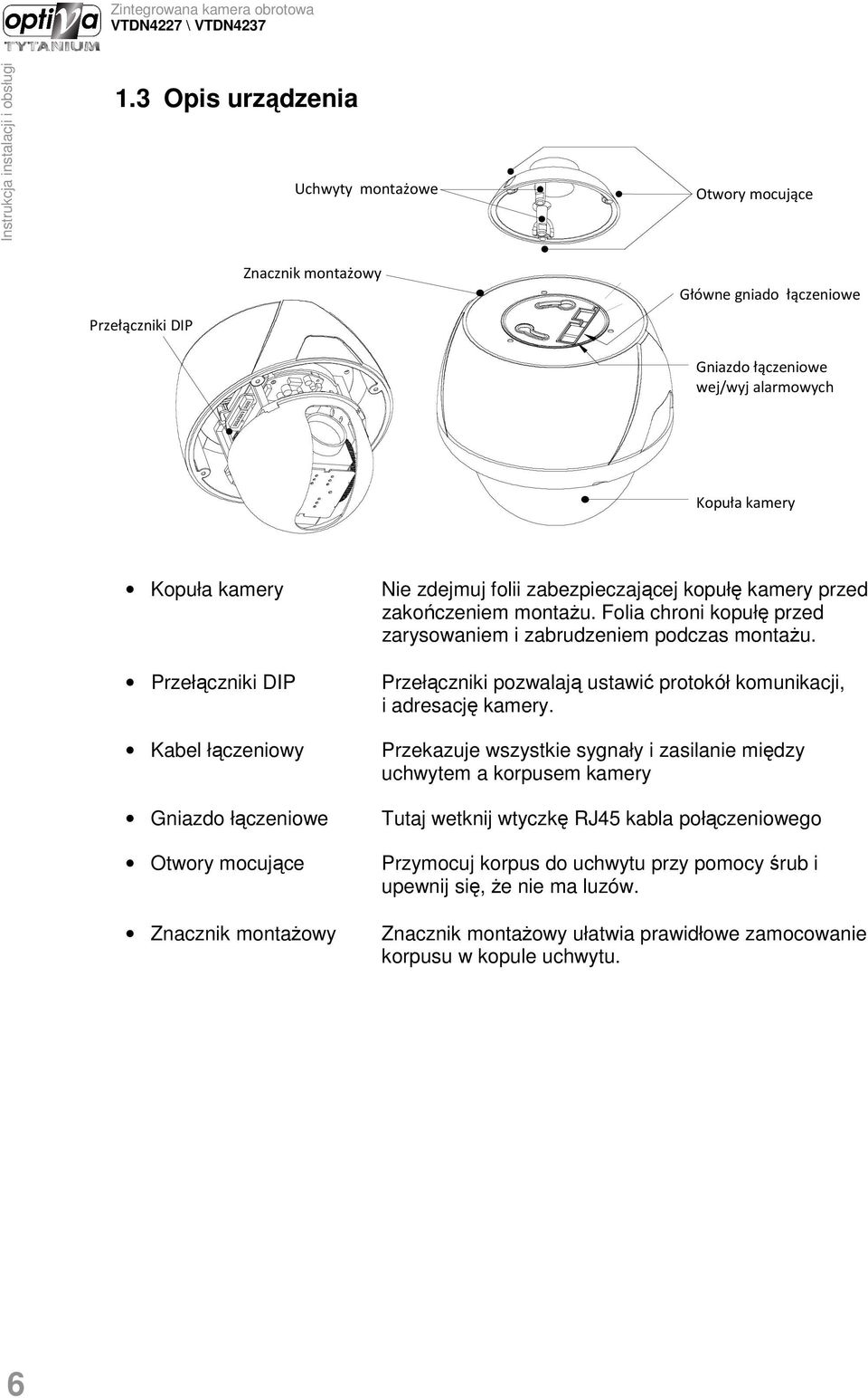 Folia chroni kopułę przed zarysowaniem i zabrudzeniem podczas montaŝu. Przełączniki pozwalają ustawić protokół komunikacji, i adresację kamery.