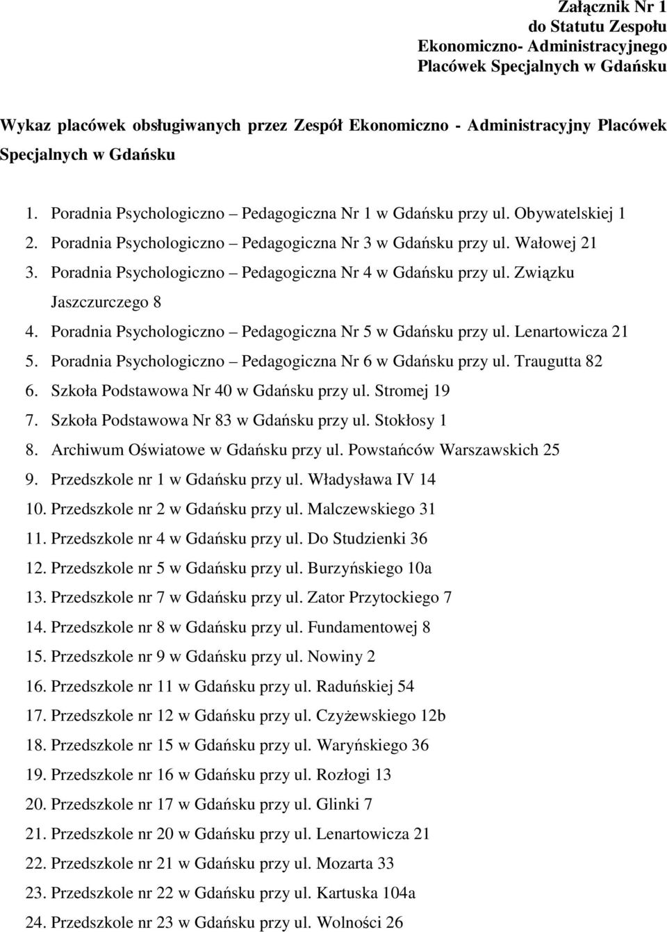 Poradnia Psychologiczno Pedagogiczna Nr 4 w Gdańsku przy ul. Związku Jaszczurczego 8 4. Poradnia Psychologiczno Pedagogiczna Nr 5 w Gdańsku przy ul. Lenartowicza 21 5.