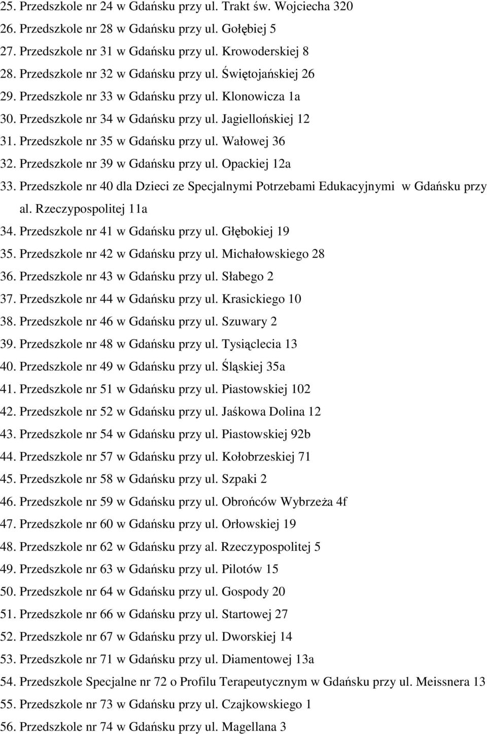 Przedszkole nr 35 w Gdańsku przy ul. Wałowej 36 32. Przedszkole nr 39 w Gdańsku przy ul. Opackiej 12a 33. Przedszkole nr 40 dla Dzieci ze Specjalnymi Potrzebami Edukacyjnymi w Gdańsku przy al.