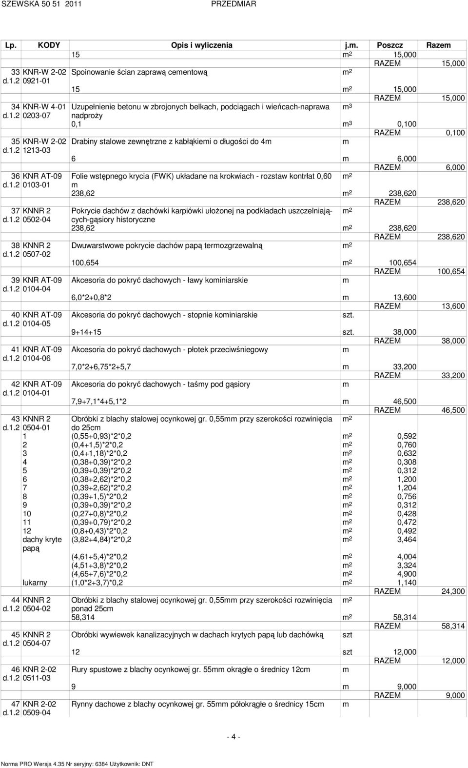 15,000 Uzupełnienie betonu w zbrojonych belkach, podciągach i wieńcach-naprawa 3 nadproży 0,1 3 0,100 RAZEM 0,100 Drabiny stalowe zewnętrzne z kabłąkiei o długości do 4 6 6,000 Folie wstępnego krycia