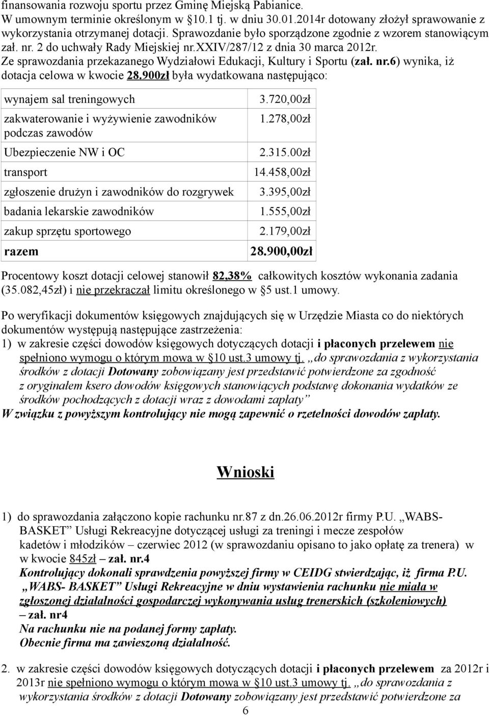 Ze sprawozdania przekazanego Wydziałowi Edukacji, Kultury i Sportu (zał. nr.6) wynika, iż dotacja celowa w kwocie 28.900zł była wydatkowana następująco: wynajem sal treningowych 3.