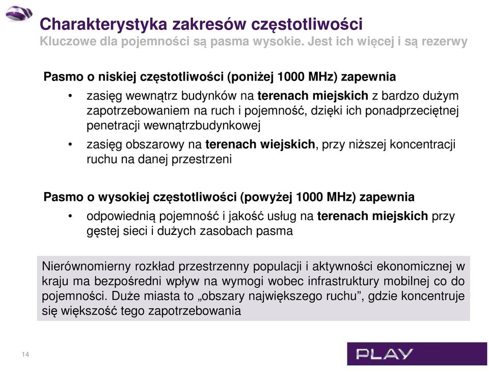 ponadprzeciętnej penetracji wewnątrzbudynkowej zasięg obszarowy na terenach wiejskich, przy niższej koncentracji ruchu na danej przestrzeni Pasmo o wysokiej częstotliwości (powyżej 1000 MHz) zapewnia