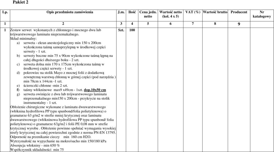 Skład minimalny: a) serweta - ekran anestezjologiczny min 150 x 200cm wykończona taśmą samoprzylepną w środkowej części serwety - 1 szt.