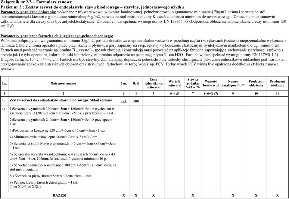 kieszeń o gramaturze minimalnej 60g/m2, serweta na stół instrumentalny,kieszeń z laminatu minimum dwuwarstwowego. Obłożenie musi stanowić całkowita barierę dla cieczy oraz być antyelektostatyczne.