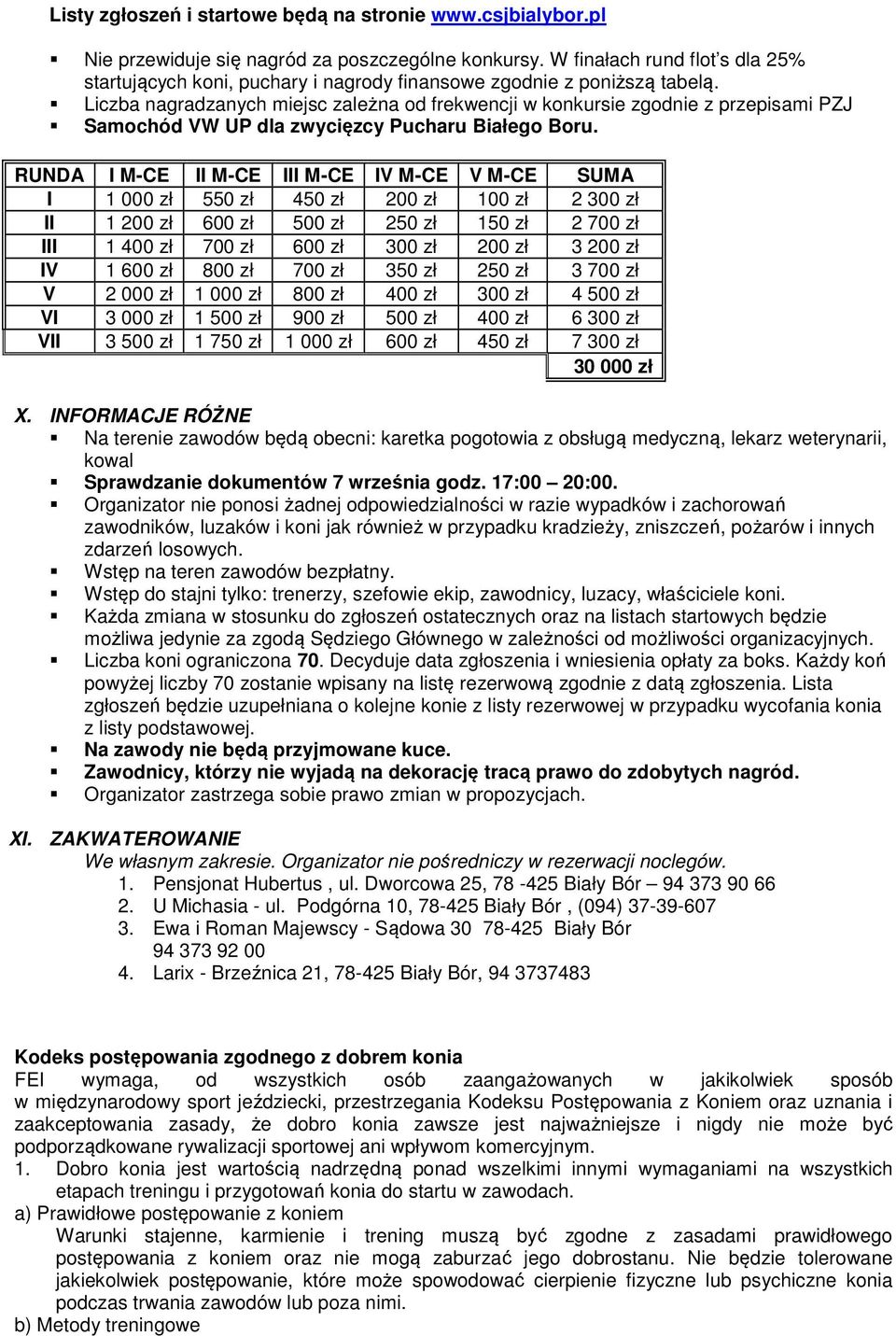 Liczba nagradzanych miejsc zależna od frekwencji w konkursie zgodnie z przepisami PZJ Samochód VW UP dla zwycięzcy Pucharu Białego Boru.